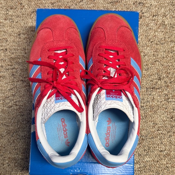 Adidas Gazelle Platform Red Suede Sneakers with Light Blue Stripes - Picture 2 of 6